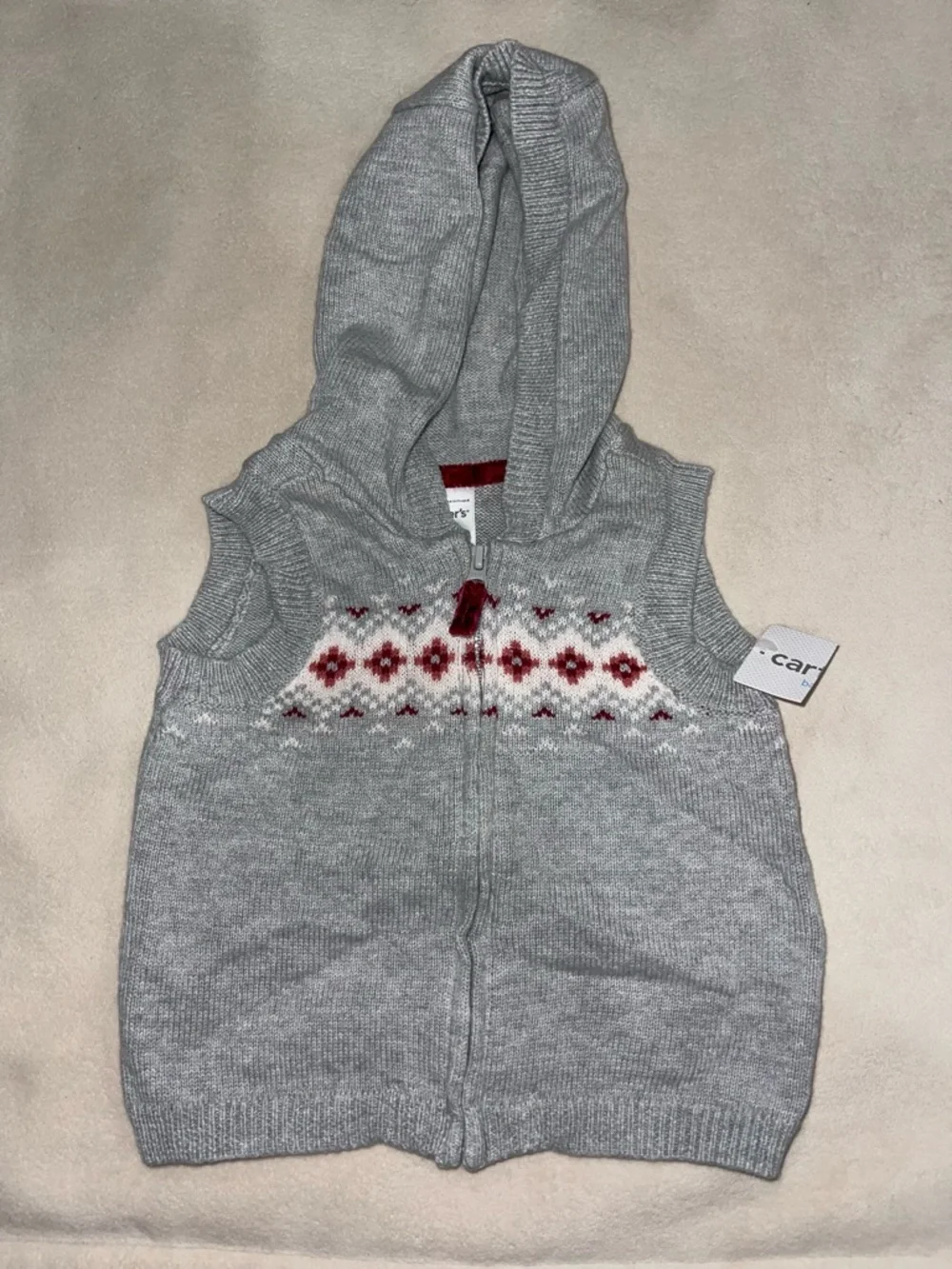 Carter's Gray Hooded Knit Vest with Red‎ & White Fair Isle Detail